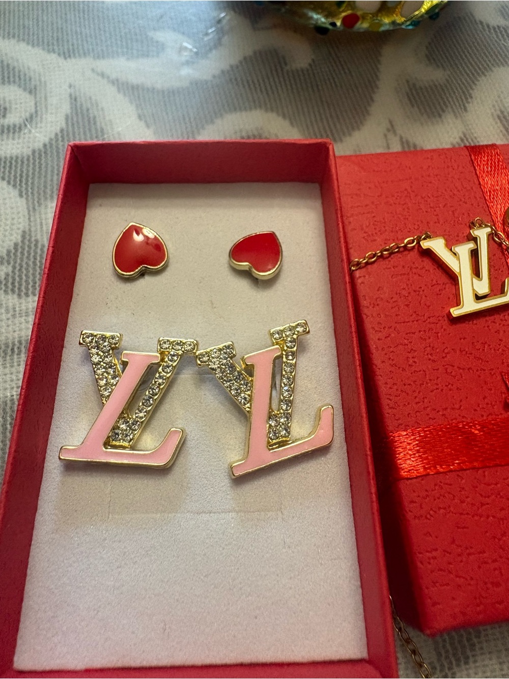 Pink and Gold Logo Drop Earrings with Red Heart Studs